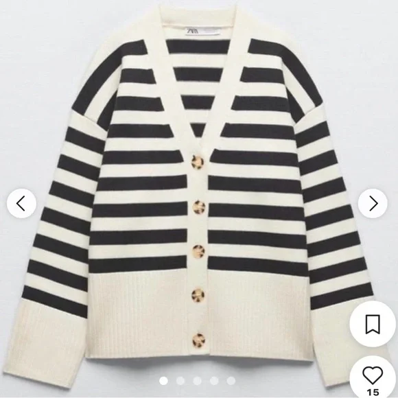 Zara Dark Navy and Cream Striped V-Neck Cardigan M - Picture 3 of 11